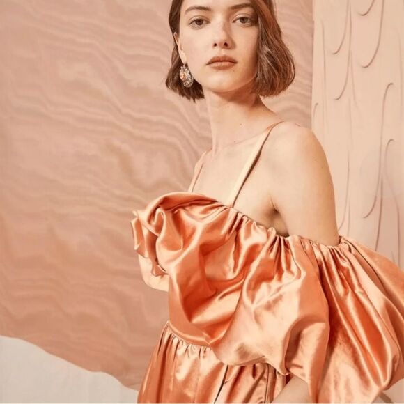 Ulla Johnson Metalic Satin Midi Dress 00 Copper Tulip Hem Off Shoulder New Money - Picture 3 of 16
